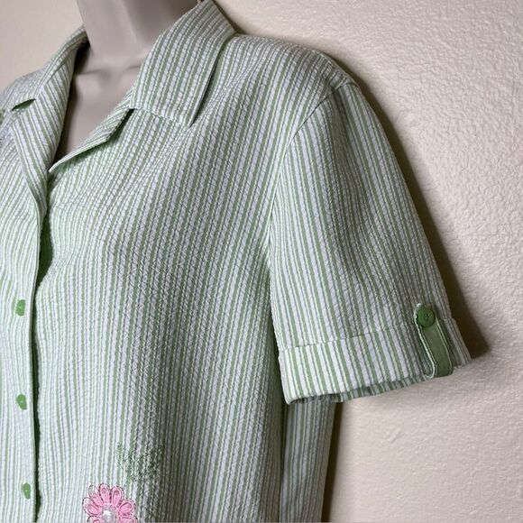 Alfred Dunner Seersucker Green Stripe Embroidered Beaded Short Sleeve Women 8 - Picture 4 of 13